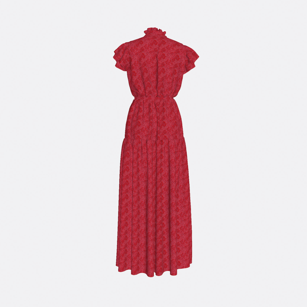 RUFFLED SLEEVELESS BROCADE DRESS