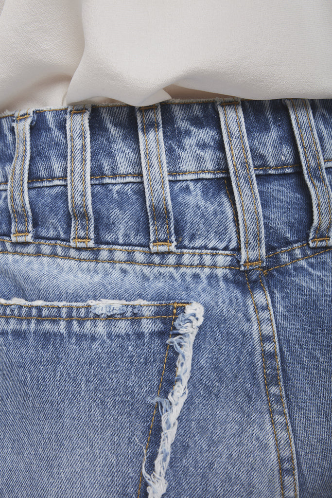 A close-up of a NTMB retro denim shorts by Faith Connexion, a brand of luxury clothes