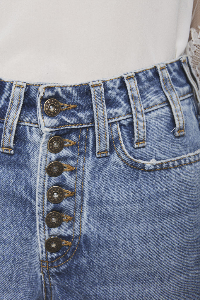 A close-up of a NTMB retro denim shorts by Faith Connexion, a brand of luxury clothes
