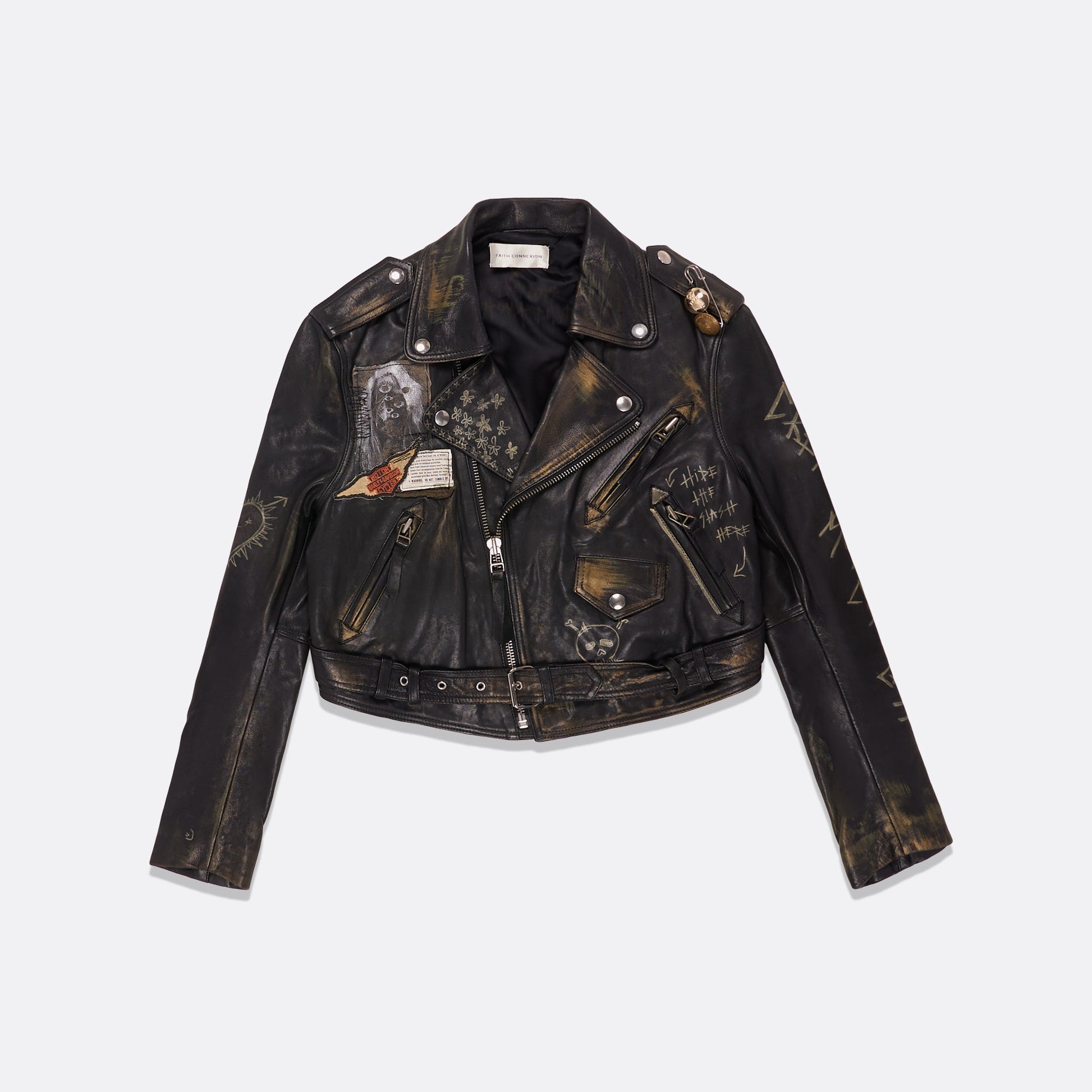 UPCYCLED LEATHER JACKET WITH HAND-DRAWN GRAFFITI FAITH CONNEXION