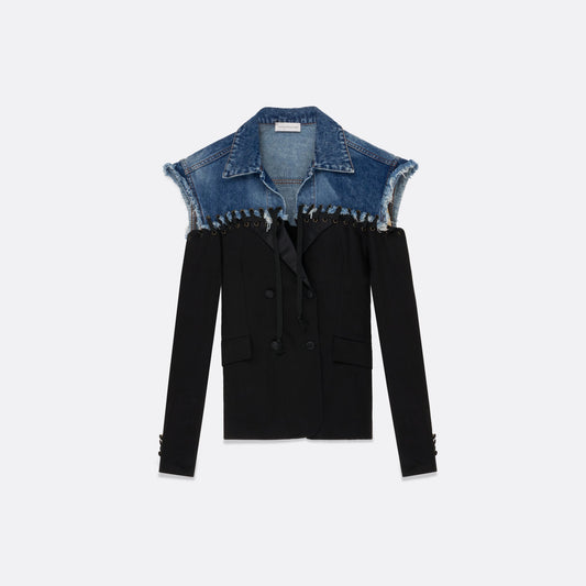 MIXED-FABRIC EYELET BLAZER