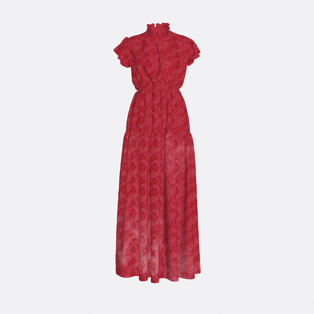 RUFFLED SLEEVELESS BROCADE DRESS